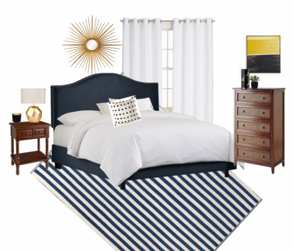 navy brass wood bedroom design